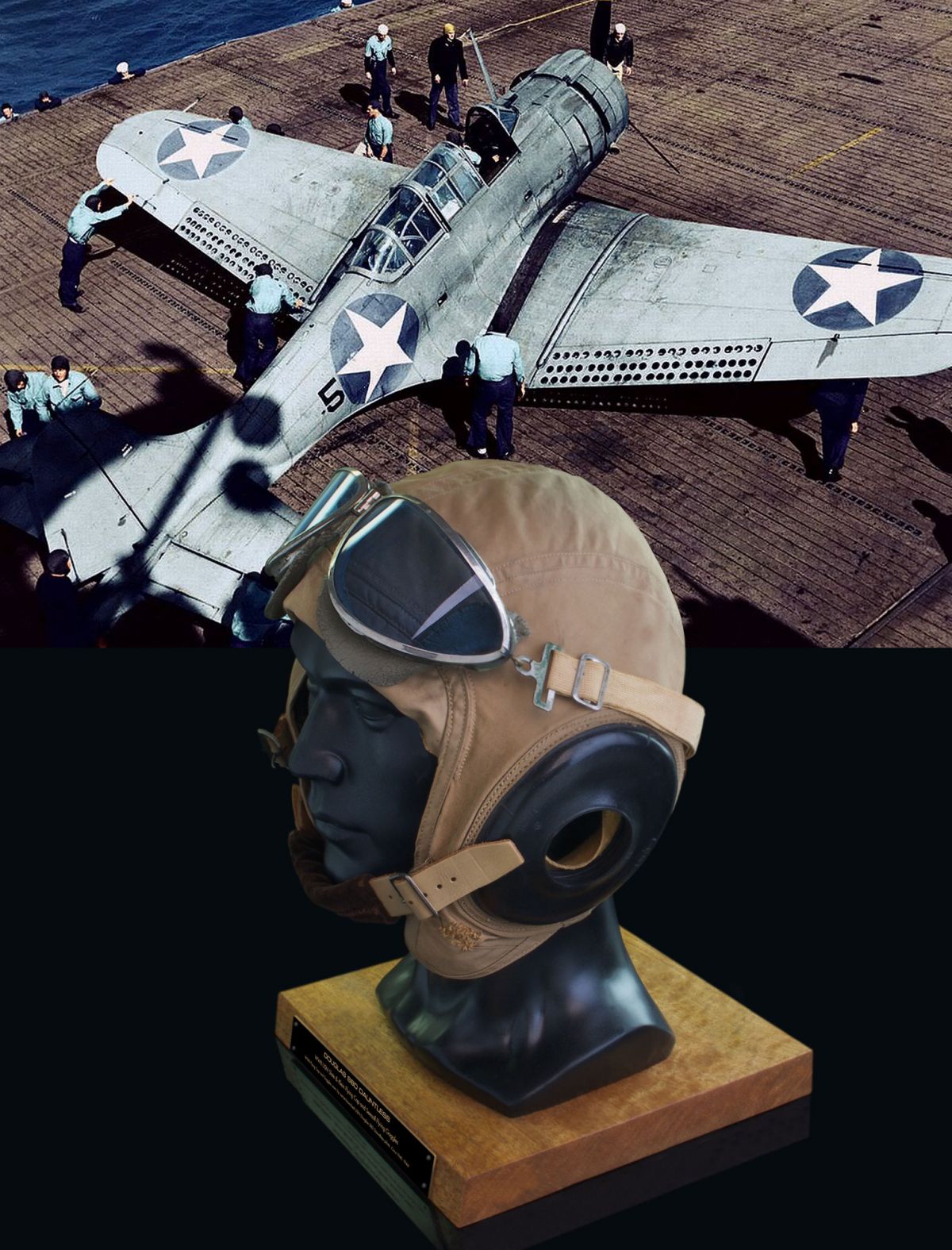 DOUGLAS SBD DAUNTLESS WWII SLOTE & KLEIN AN-48440-1 FLYING HELMET WITH 'BLUE GLASS LENS' SEESALL FLYING GOGGLES 