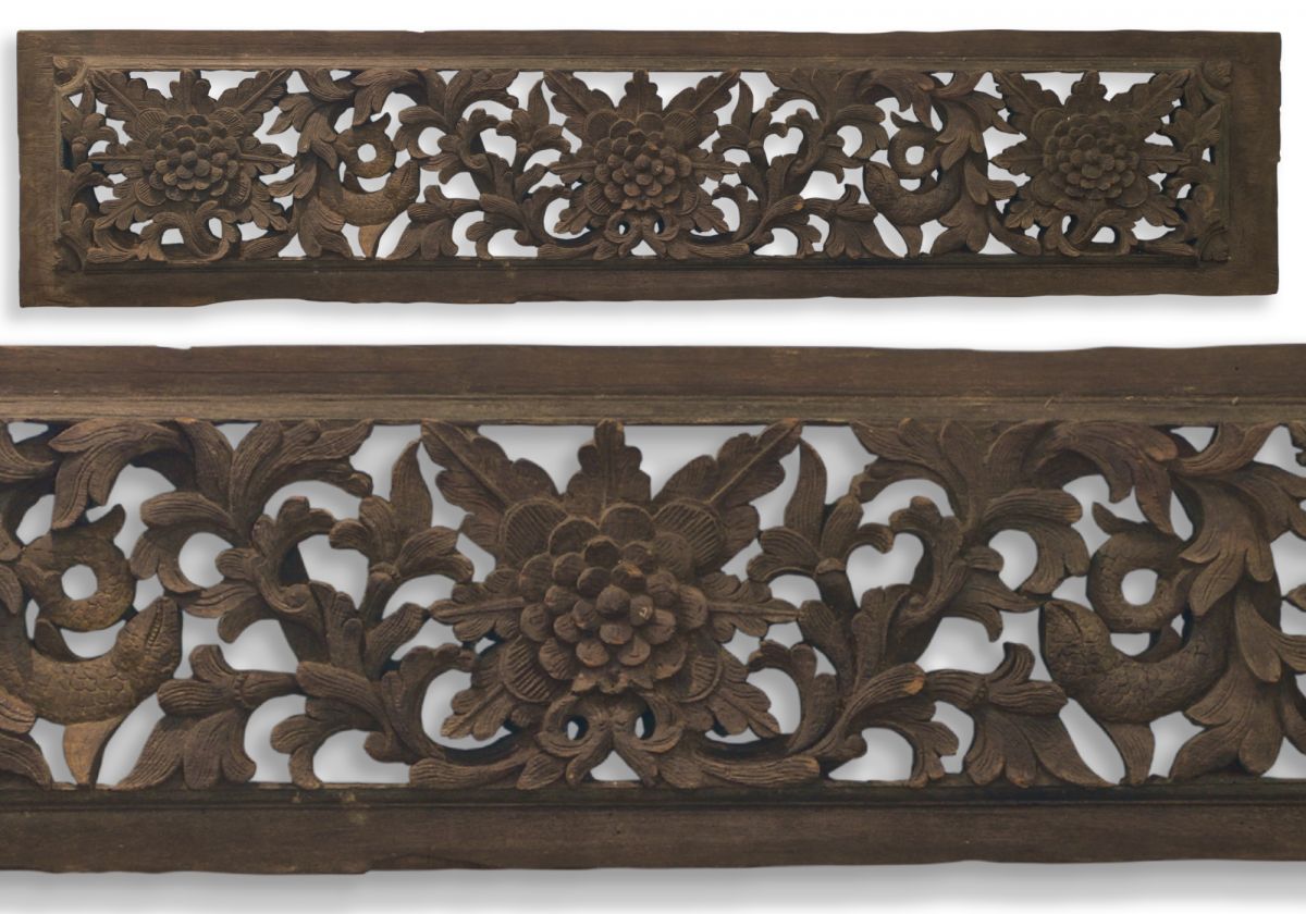 Vintage Javanese Hand-Carved Lotus Flower & Carp Decorative Wall Panel